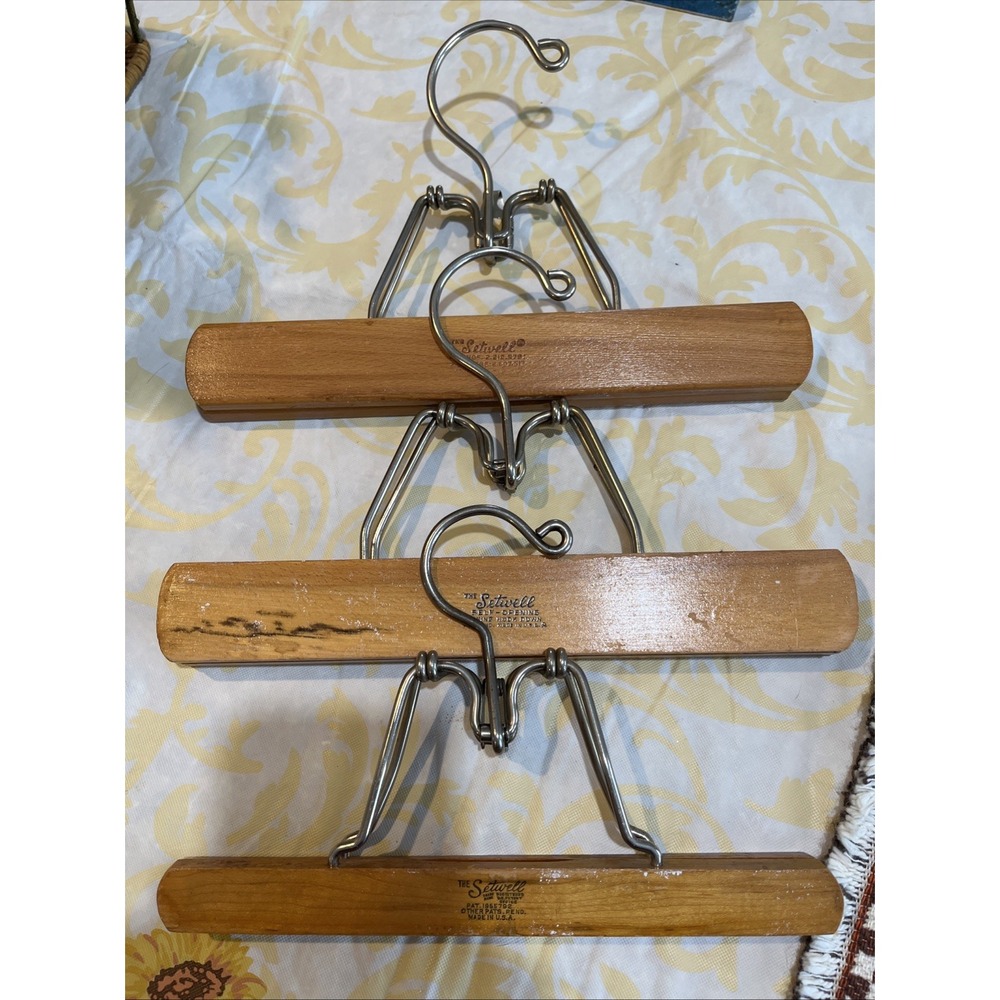 Vintage LOT of 3 SETWELL Wood Clamp Type Hangers for Pants Skirt Wooden